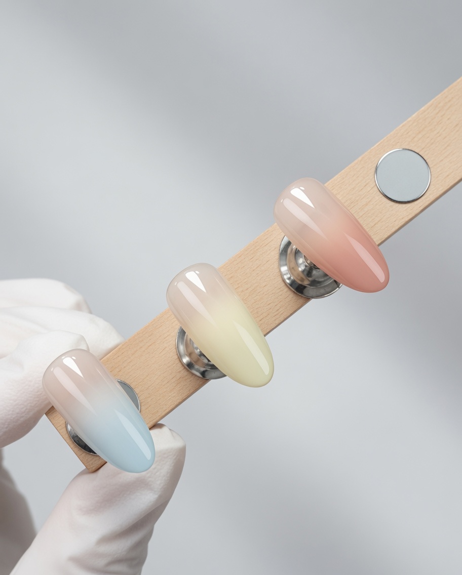 A gel brush applying a clear, no-wipe top coat over the pastel gradient nail surface.