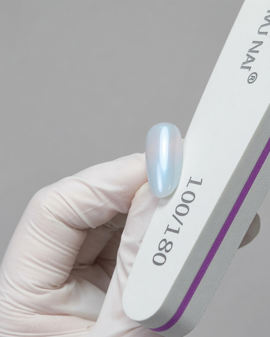 A soft, fluffy brush sweeping over a finished chrome nail to remove stray powder particles.