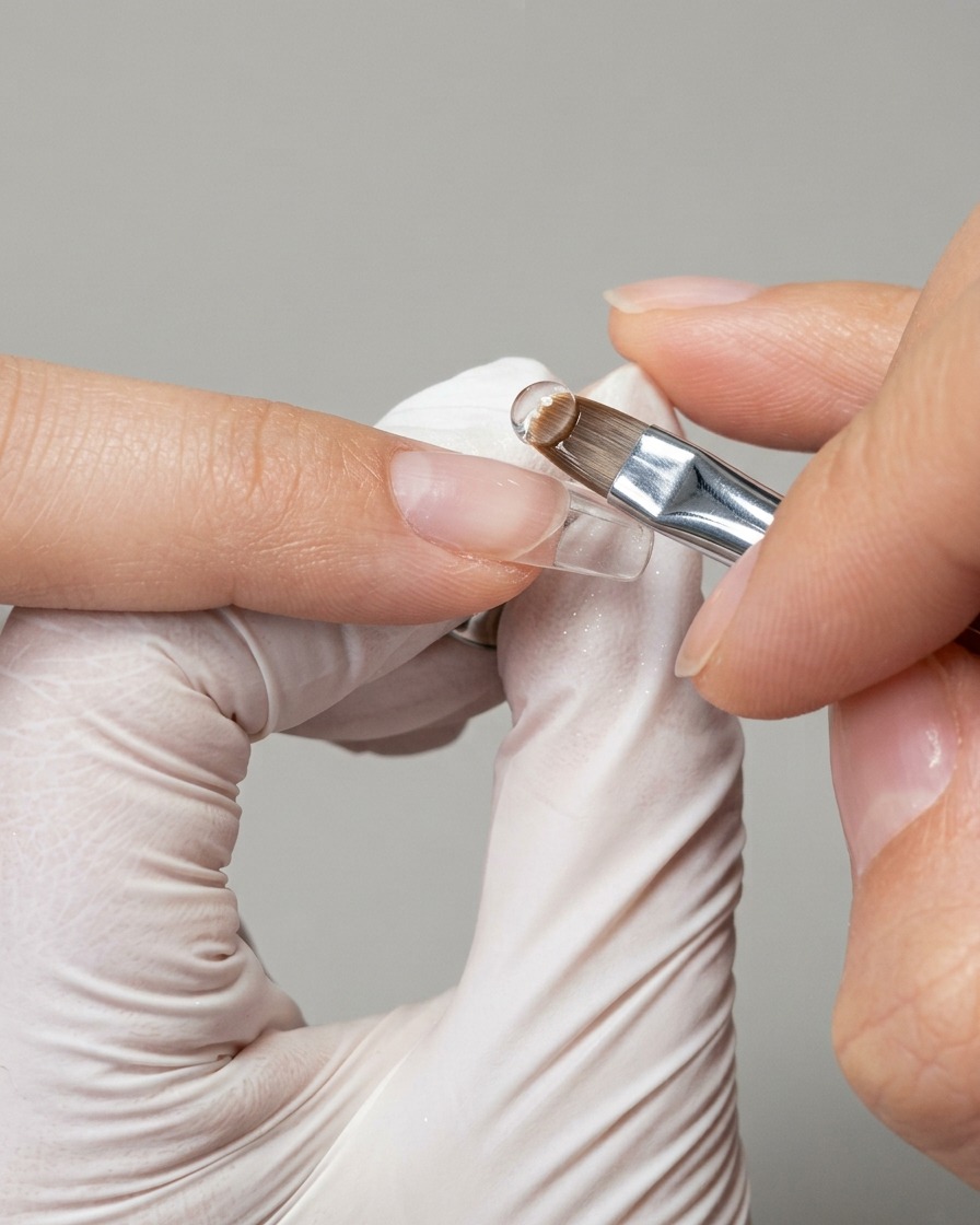 A close-up view of a finger held steady, showing the nail being cured inside an LED lamp.