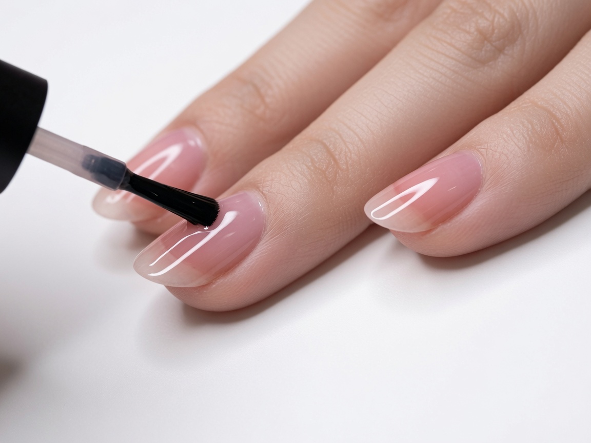 Pink jelly polish being applied from the two-thirds mark toward the tip of the middle finger.