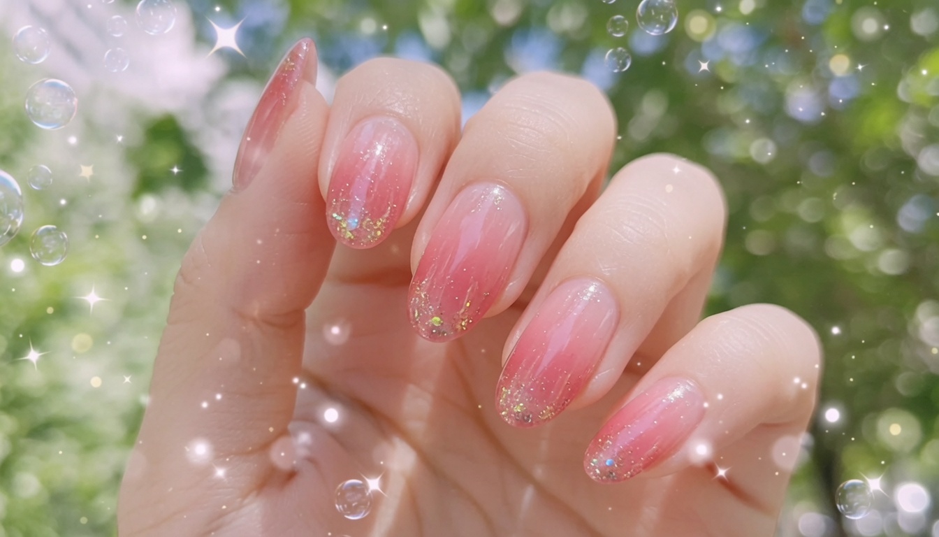 Pink Jelly Gradient Nails with Gold Glitter Tips — Step-by-Step Tutorial