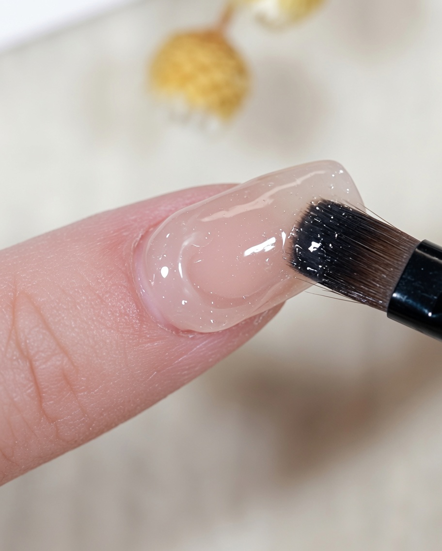 A sponge eyeshadow applicator rubbing iridescent aurora powder onto a textured nail surface.