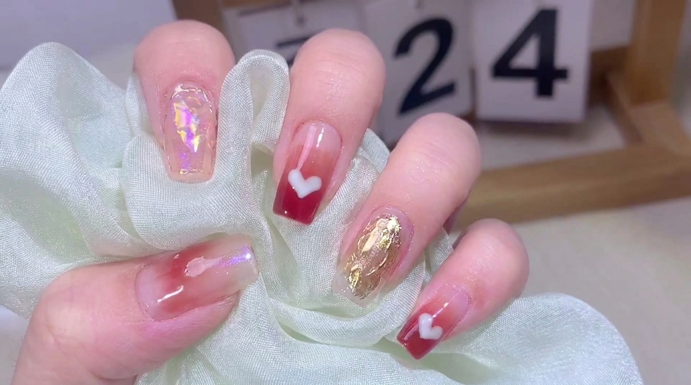 Jelly Gradient Heart Nails with Aurora Texture — Step-by-Step Tutorial