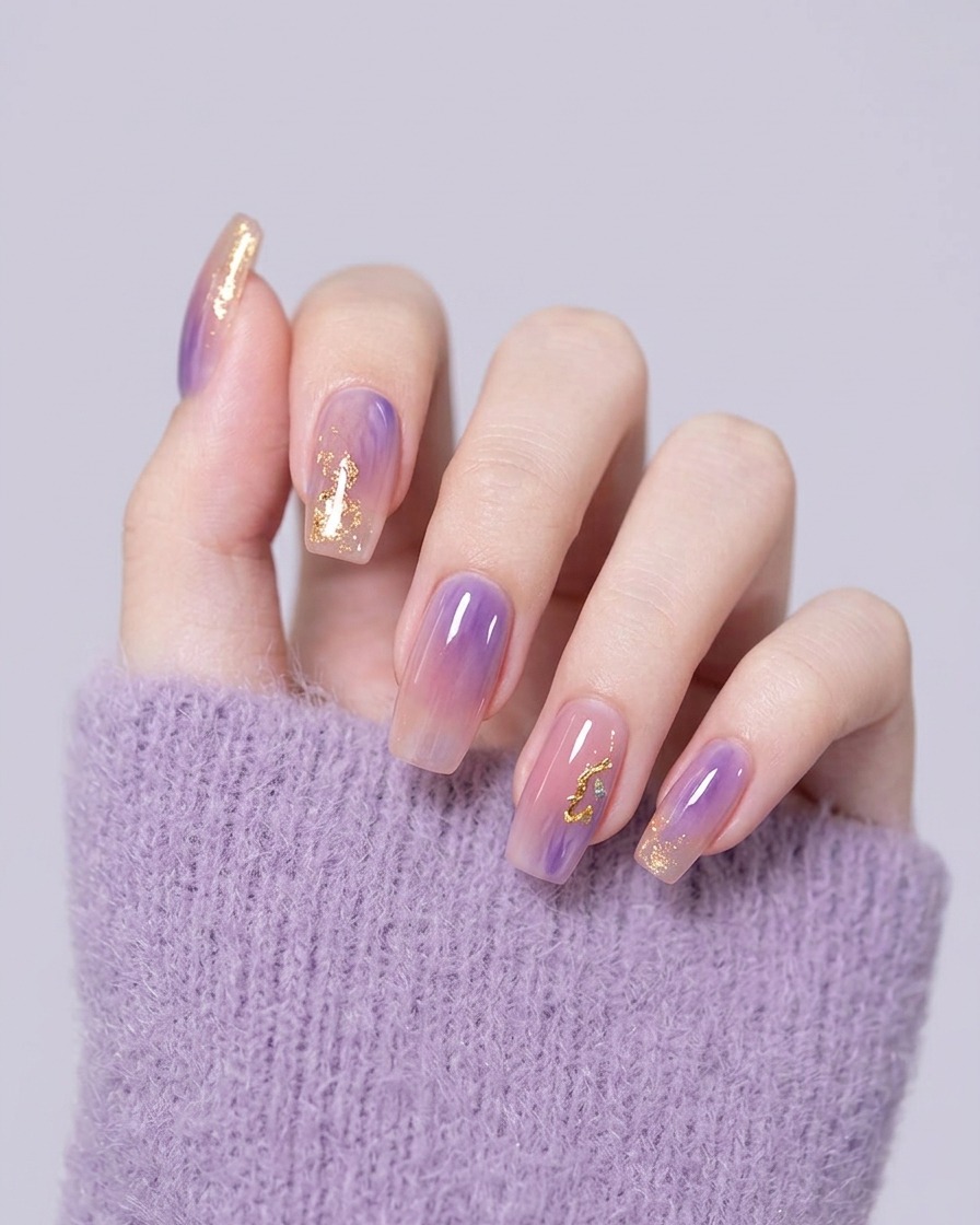 A hand with base-coated nails resting inside a professional UV nail lamp, with the light turned on.
