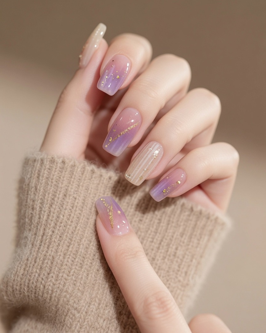 A nail brush applying a sheer, light pink-purple gel polish to the center of a fingernail.