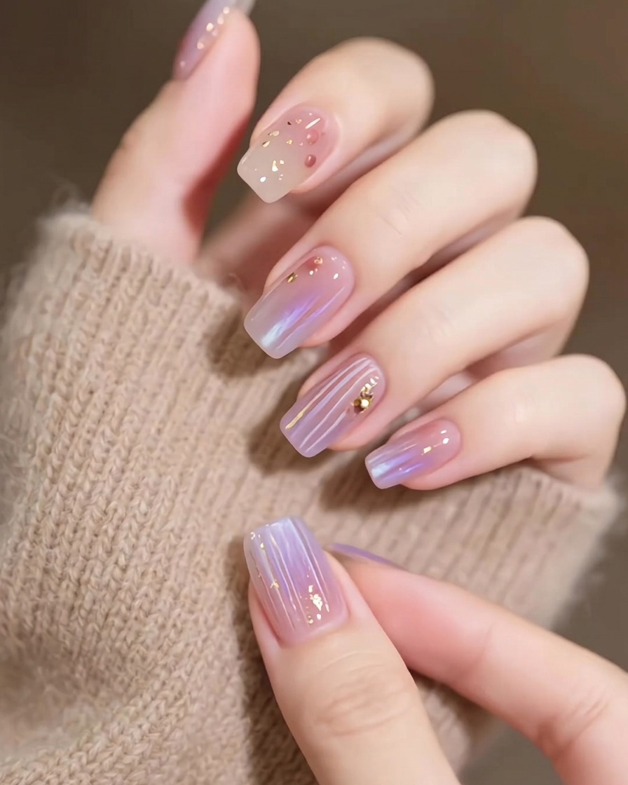 Applying a second, more pigmented coat of purple gel polish over the previous light layer.