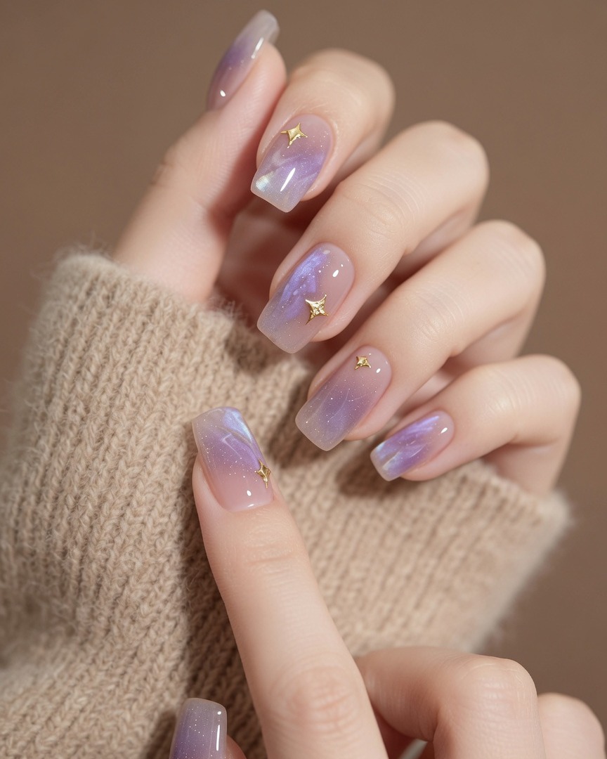 A soft brush gently blending the dark purple tip into the lighter base to create a smooth ombre transition.