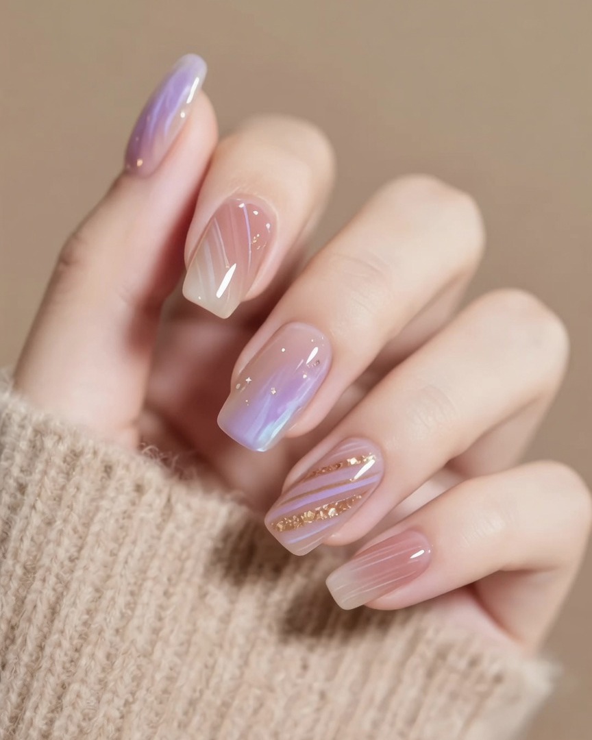 A pair of tweezers placing small, shimmering gold foil pieces onto a nail with a purple and nude gradient base.