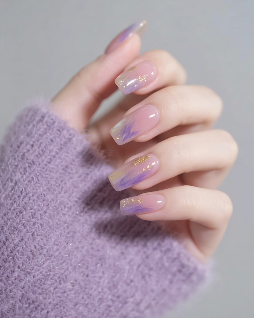 A brush applying a clear, glossy top coat over a purple gradient nail design with gold accents.