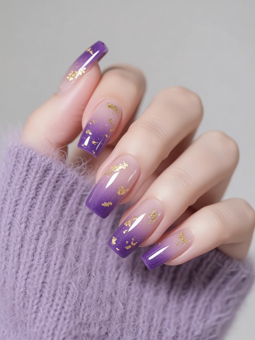 Purple Gradient Gel Nails with Gold Foil Accents: A Step-by-Step Guide