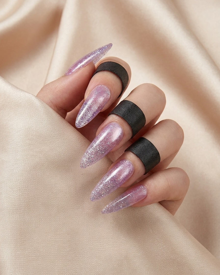 A hand with freshly applied cat eye polish placed inside a professional UV/LED nail lamp.