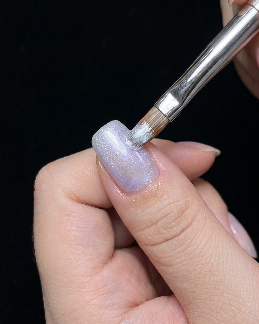 A close-up view of a hand inside a UV/LED nail lamp, with the light shining on the nails to cure the gel polish.