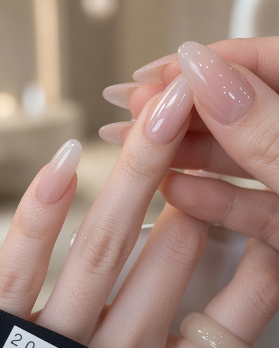 A brush blending the milky white gel from the nail tip toward the center of the nail bed.