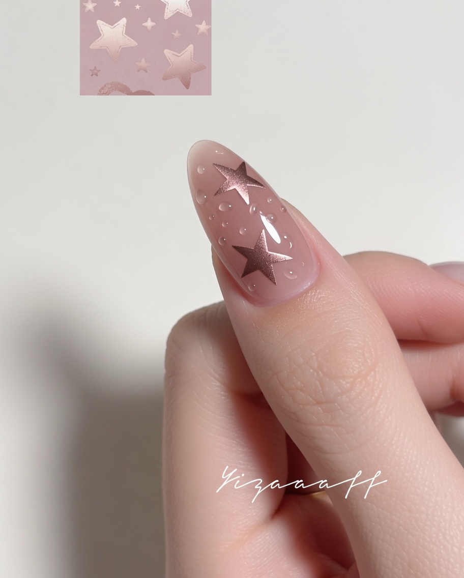 A close-up of a metal cuticle pusher tool carefully placing a metallic star decal onto a nail surface.