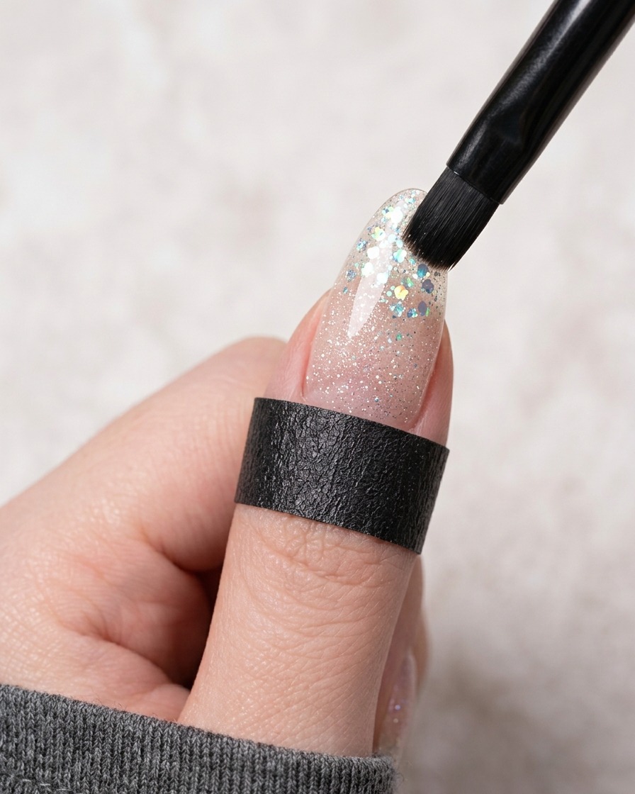 A close-up of a magnet being held over a wet cat eye gel polish on a fingernail.