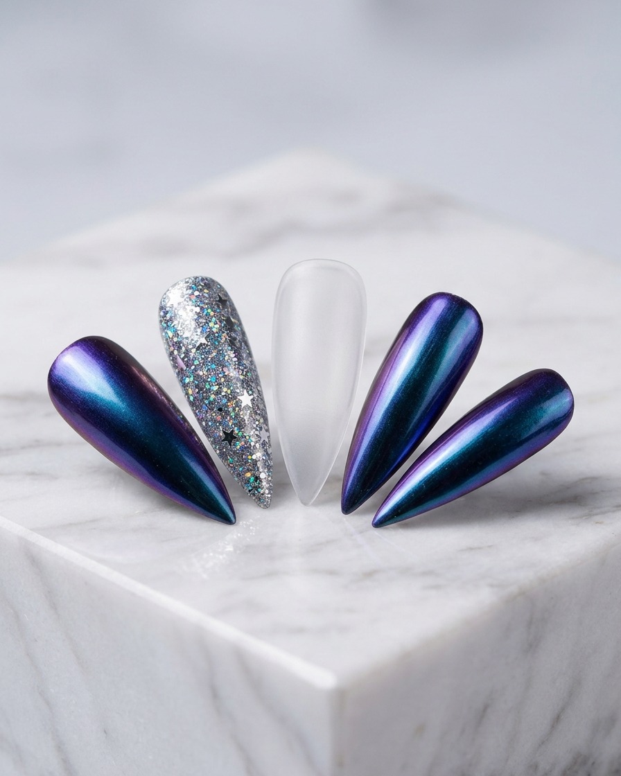 A side view of a finger being placed inside a purple-light emitting UV/LED lamp.