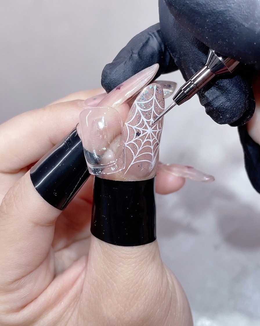 A close-up macro shot of a liner brush perfecting the crisp, curved smile line of a French manicure.