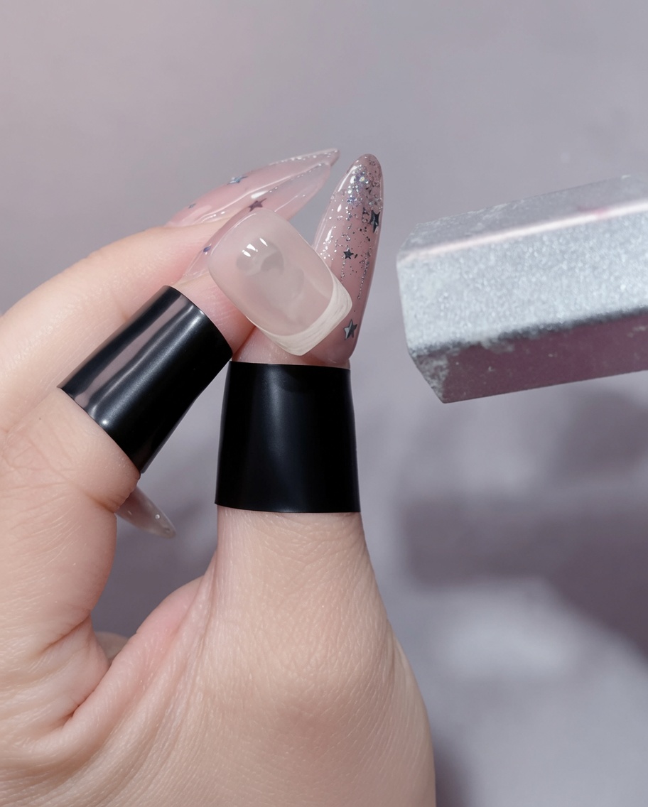 A nail being cured inside a UV/LED lamp with a soft blue light illuminating the workspace.