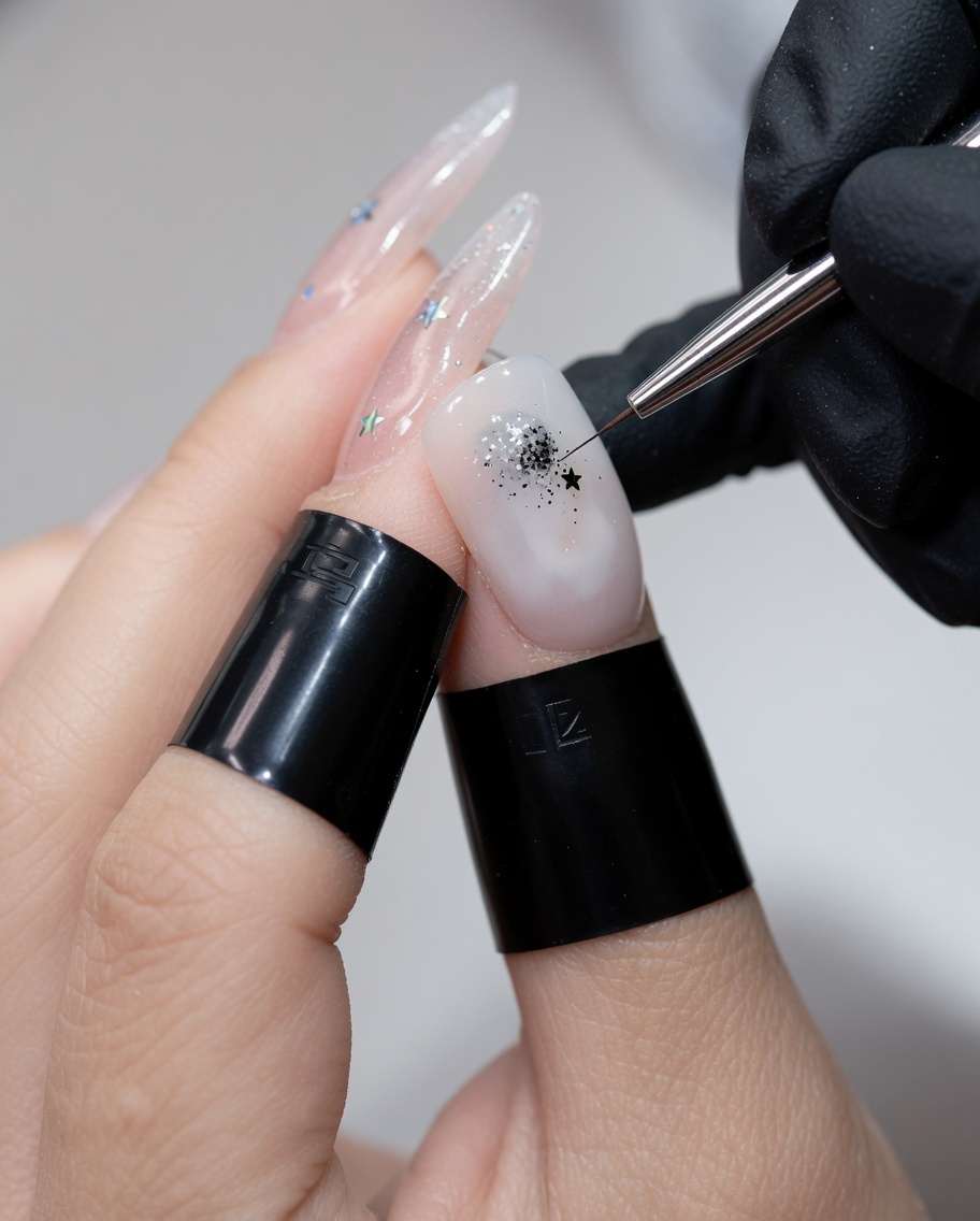 A close-up of a liner brush placing tiny silver star-shaped sequins onto a soft, light-colored gel nail.