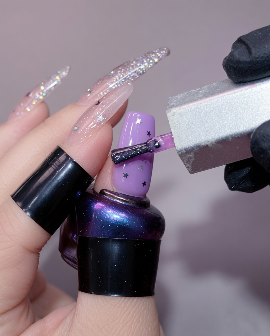 A hand holding a lint-free wipe, gently cleaning the surface of a finished, glossy almond-shaped nail.