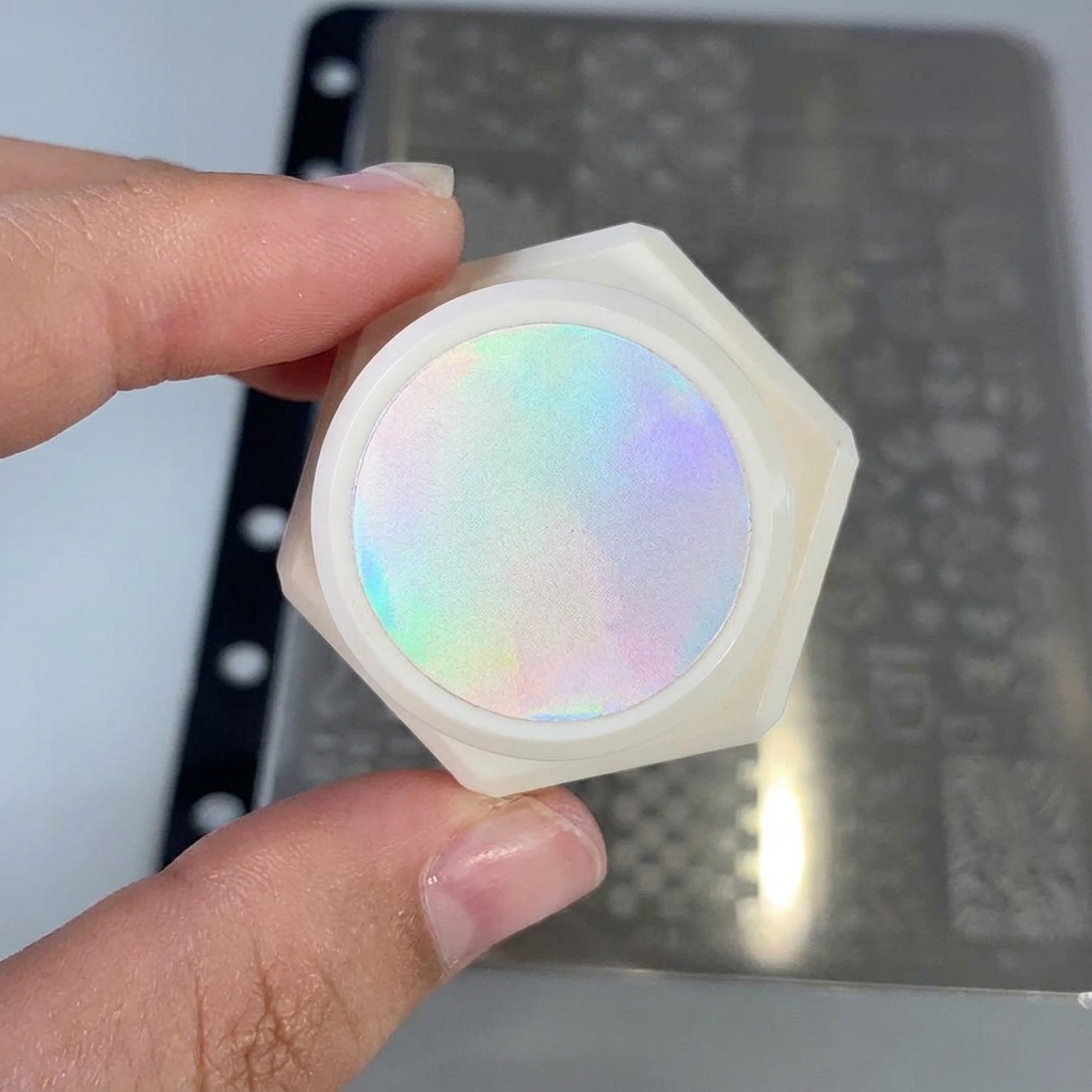 A brush applying white gel to a star pattern on a metal plate.