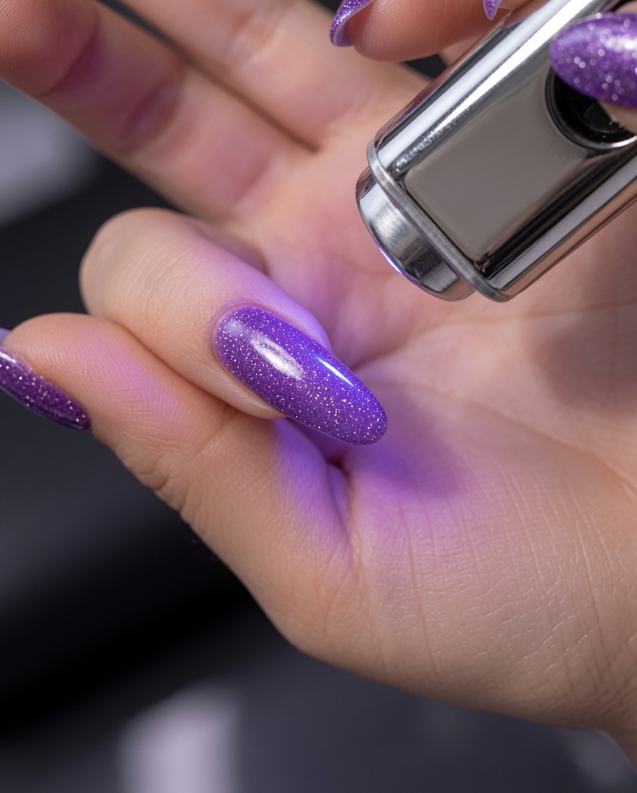 A layer of white cat-eye gel being brushed over the nail surface.