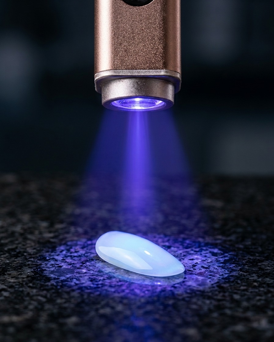 A single manicured nail placed under a small portable UV lamp for curing.