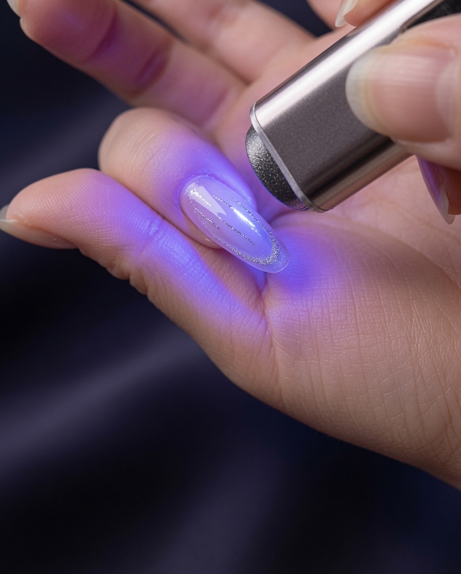 A handheld UV light curing the silver gel lines on the nail.