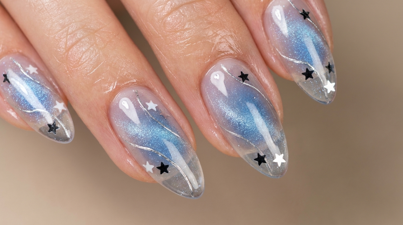 Clear Sea Salt Mint Star Nail Art — Ethereal Celestial Design