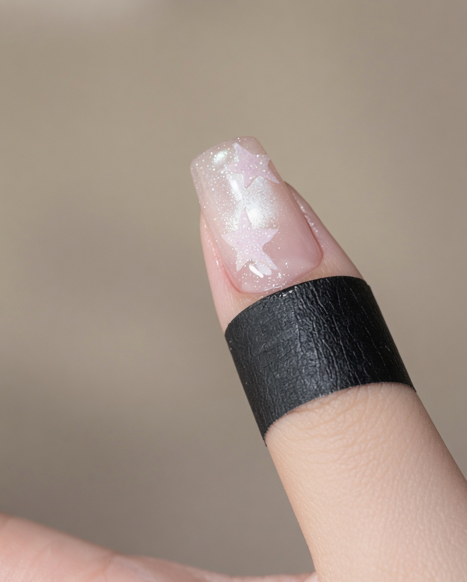 A finger placed under a small, portable LED lamp to cure the nail product.