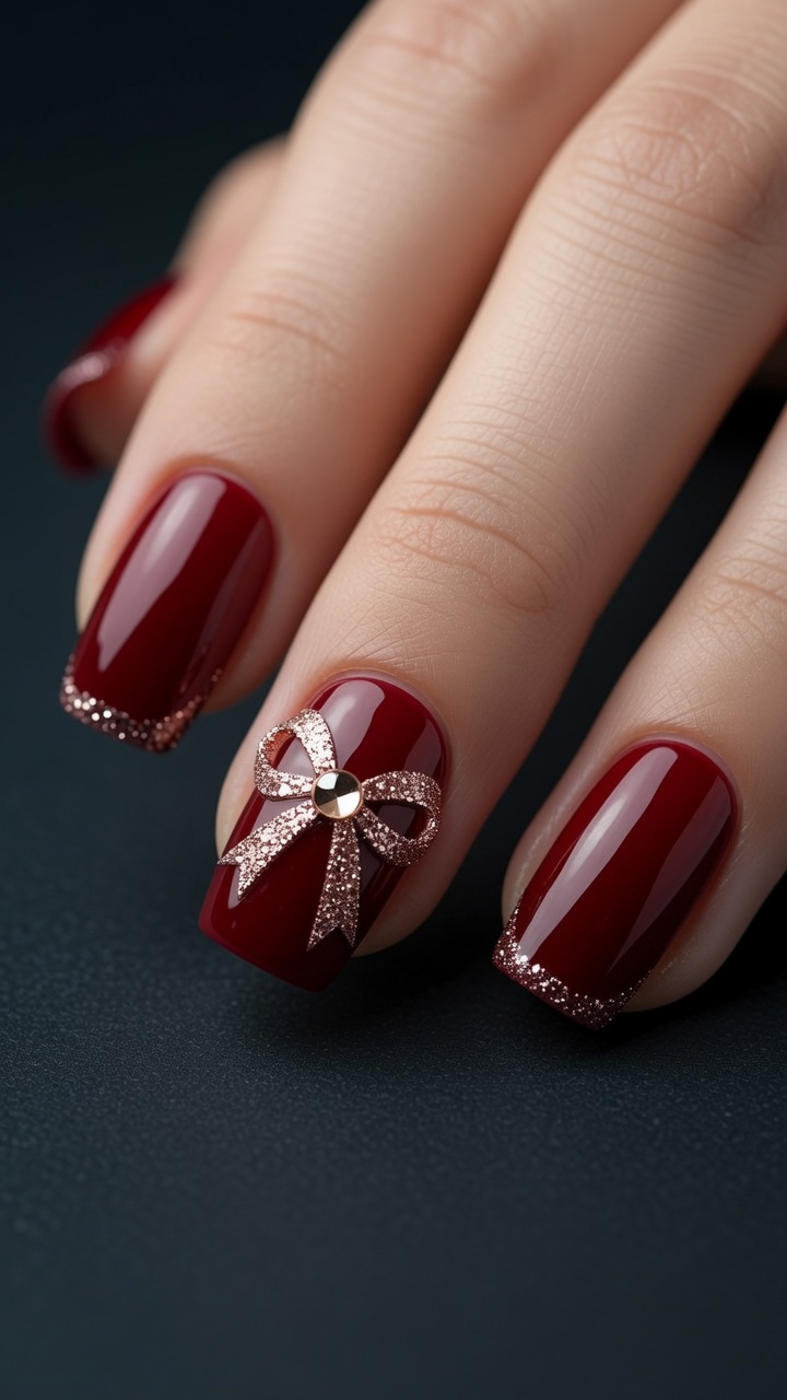 Deep Red Glitter Ribbon Nail Art — Elegant Holiday Manicure