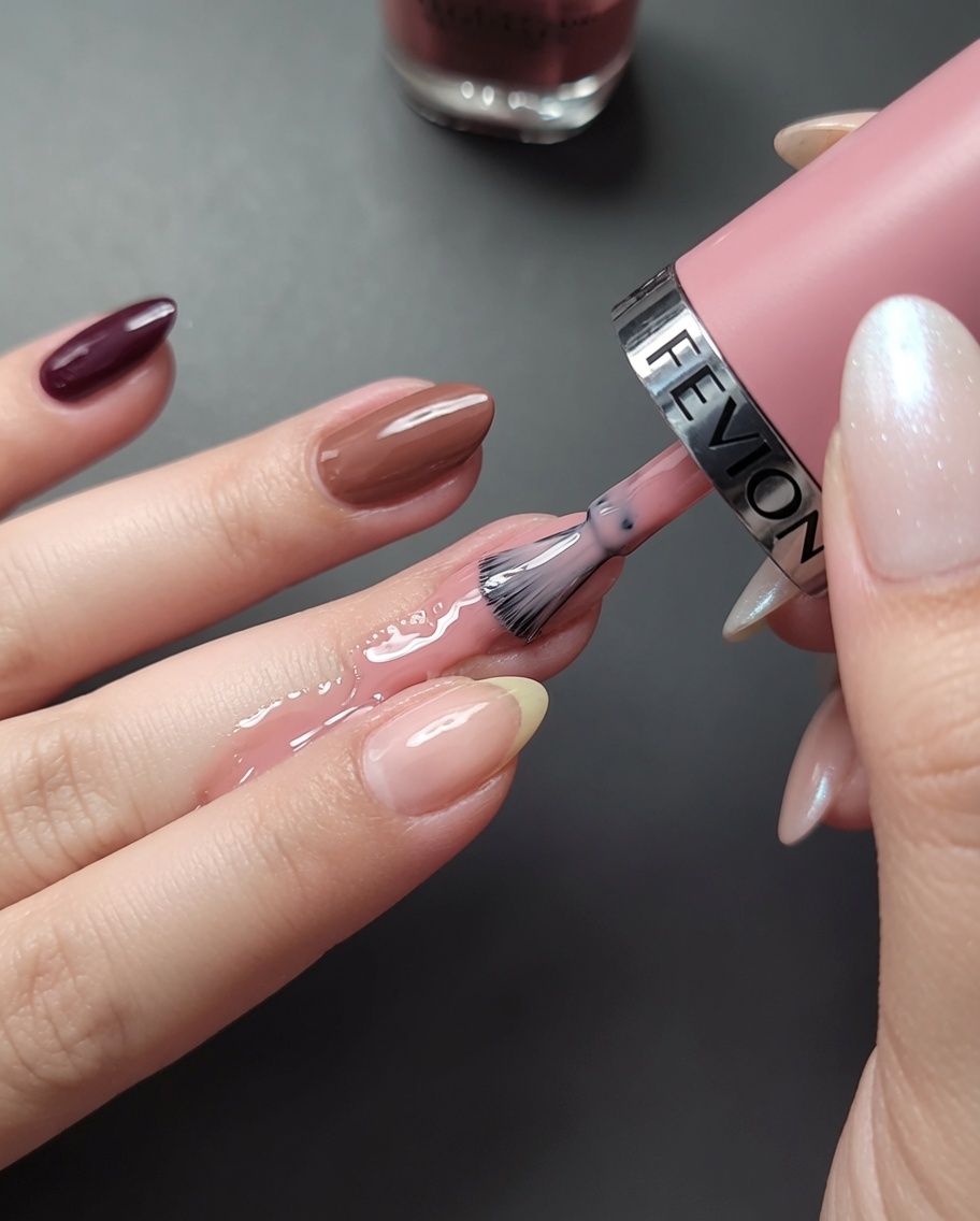 A close-up shot of applying rose pink nail polish to the index finger.