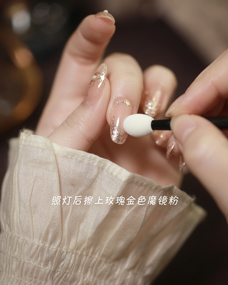 A close-up of a nail with rose gold mirror powder being applied to specific textured areas using a small eyeshadow-style sponge applicator.