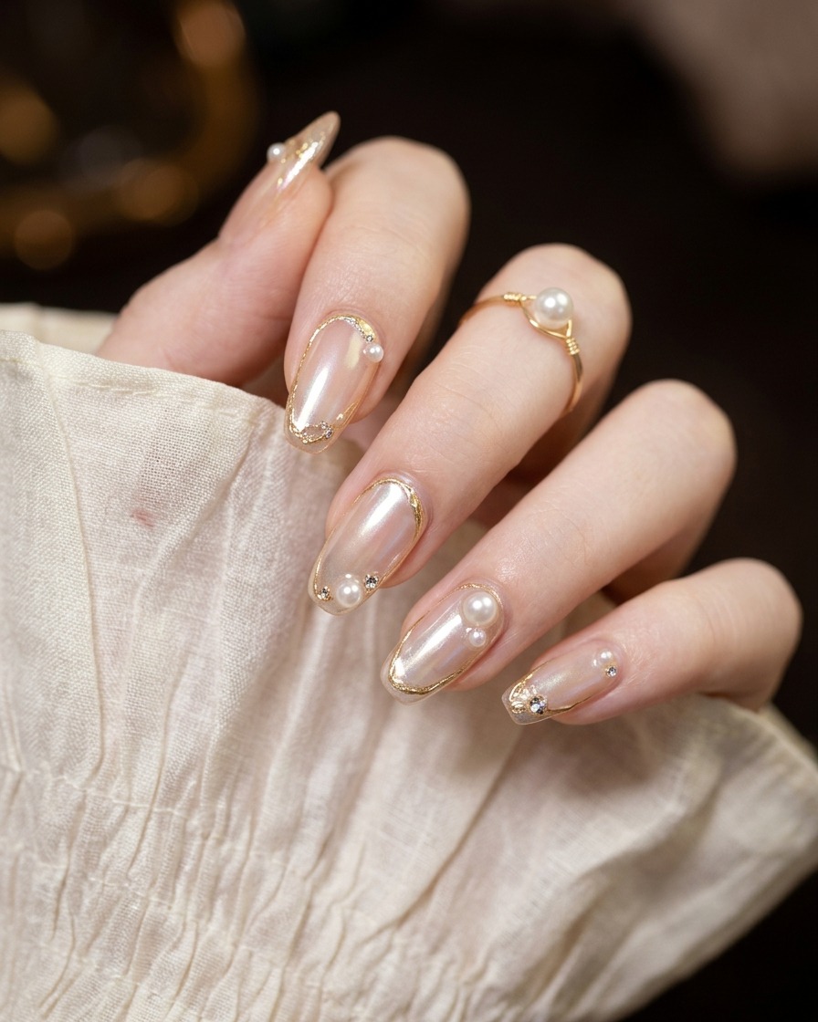 A professional pearl picker tool placing a small white pearl onto a glue dot on a decorated nail.