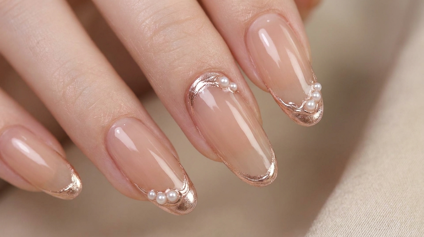 Champagne Rose Chrome Mirror Nails — Elegant Pearl Accents Tutorial