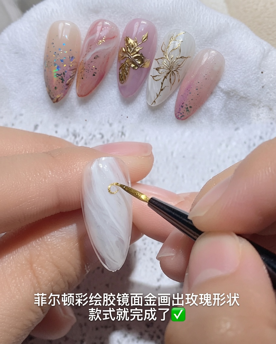 A fine liner brush drawing a small gold spiral on a nail.