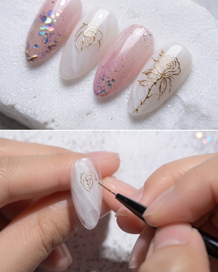 Fine liner brush creating a curved, gold metallic petal outline on the upper right of the rose design.