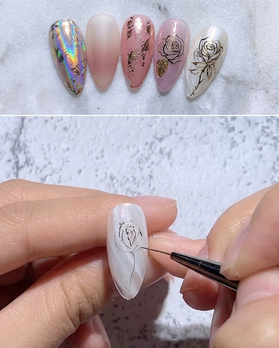 Fine liner brush painting a large, sweeping horizontal gold line beneath the rose bud to form a bottom petal.