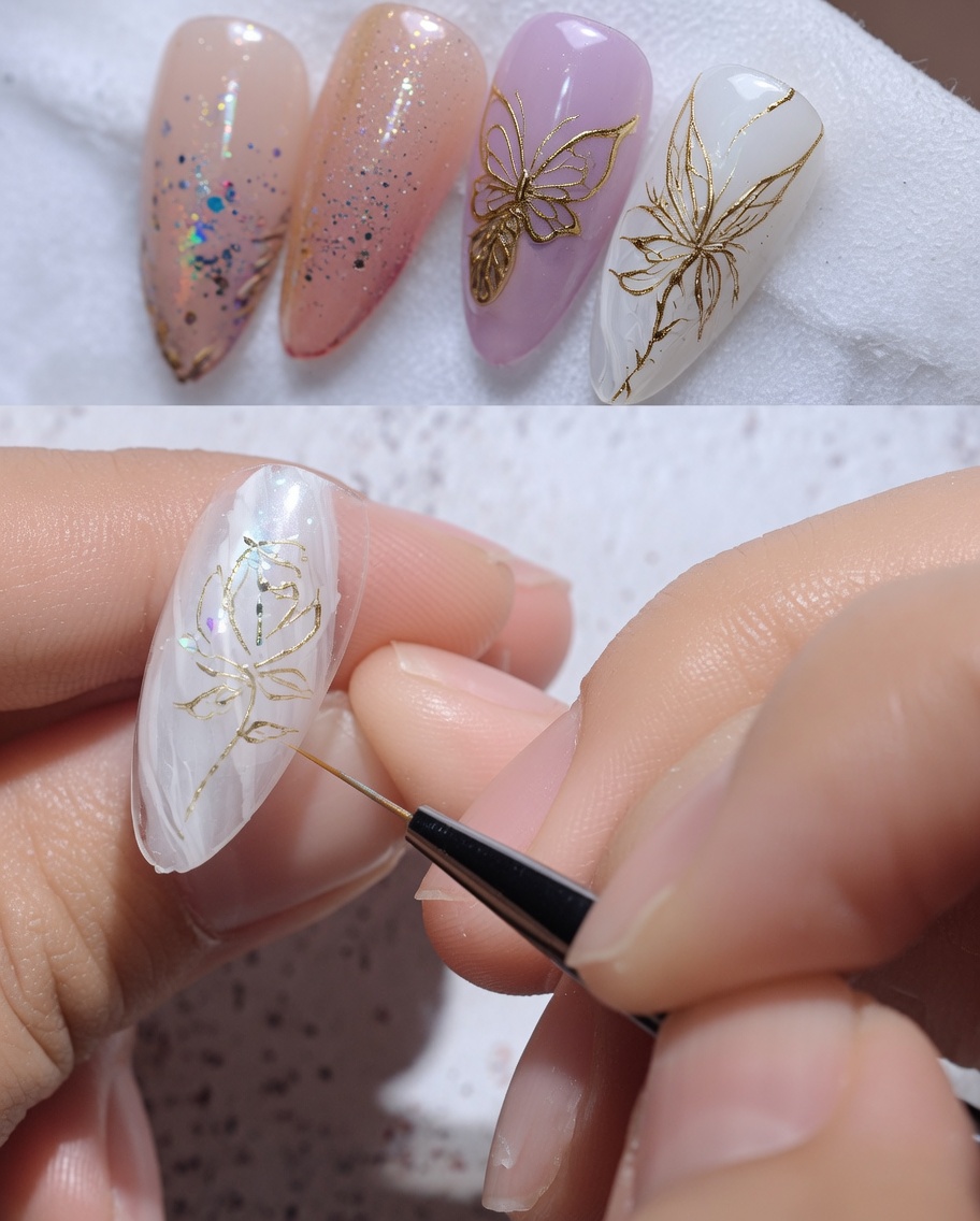 A close-up view of a hand using a fine brush to apply gold metallic gel in a leaf shape onto a white nail base.