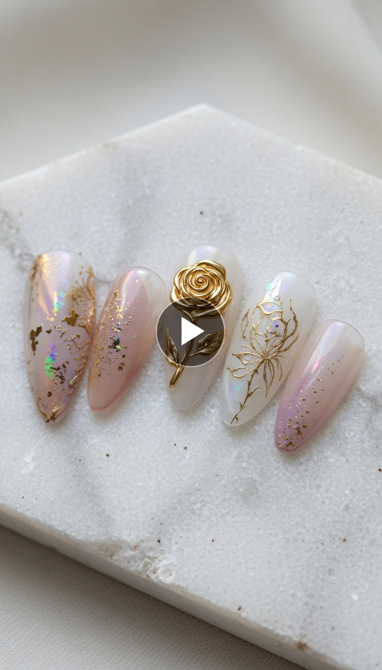 Metallic Gold Rose on Aurora Base — Detailed Nail Art Tutorial