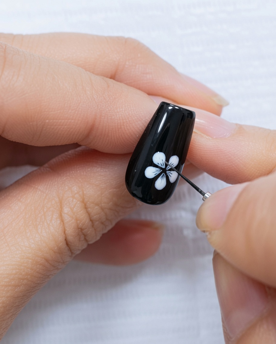 A black nail with a white five-petal flower design and a single thin white diagonal line along the side.