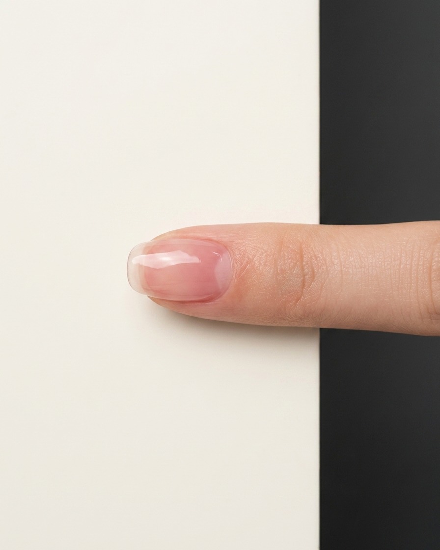 A close-up of a clean natural fingernail with a glossy layer of clear base coat applied.