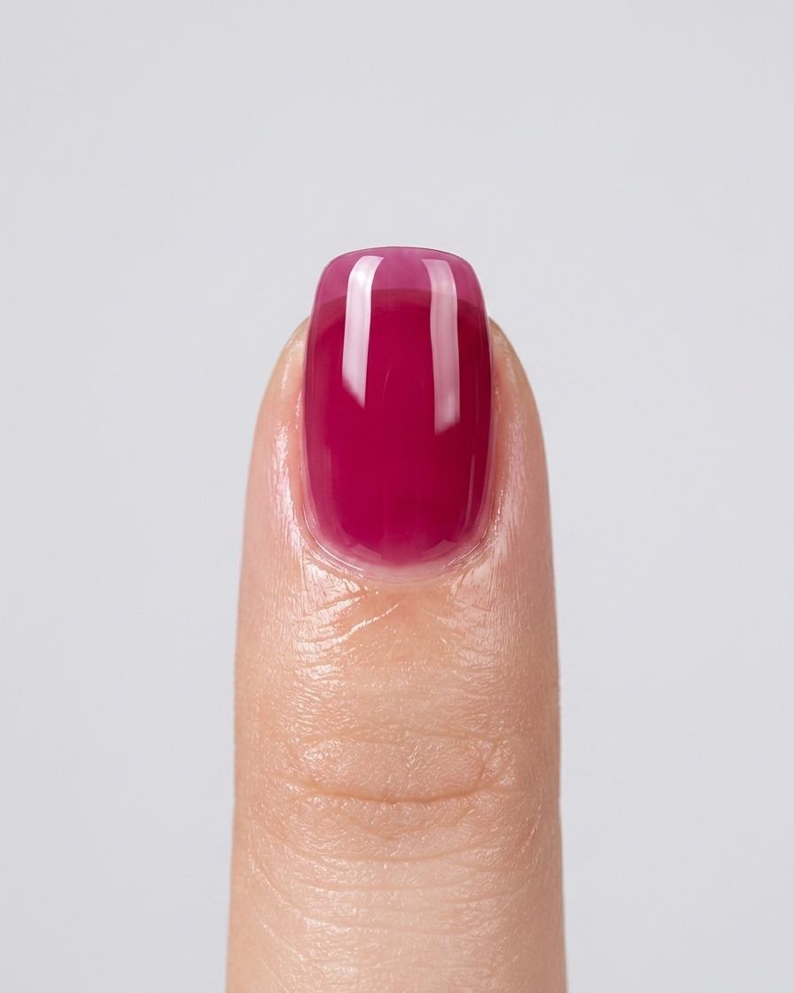 A close-up of a fingernail showing a second, slightly more vibrant layer of pink jelly polish.