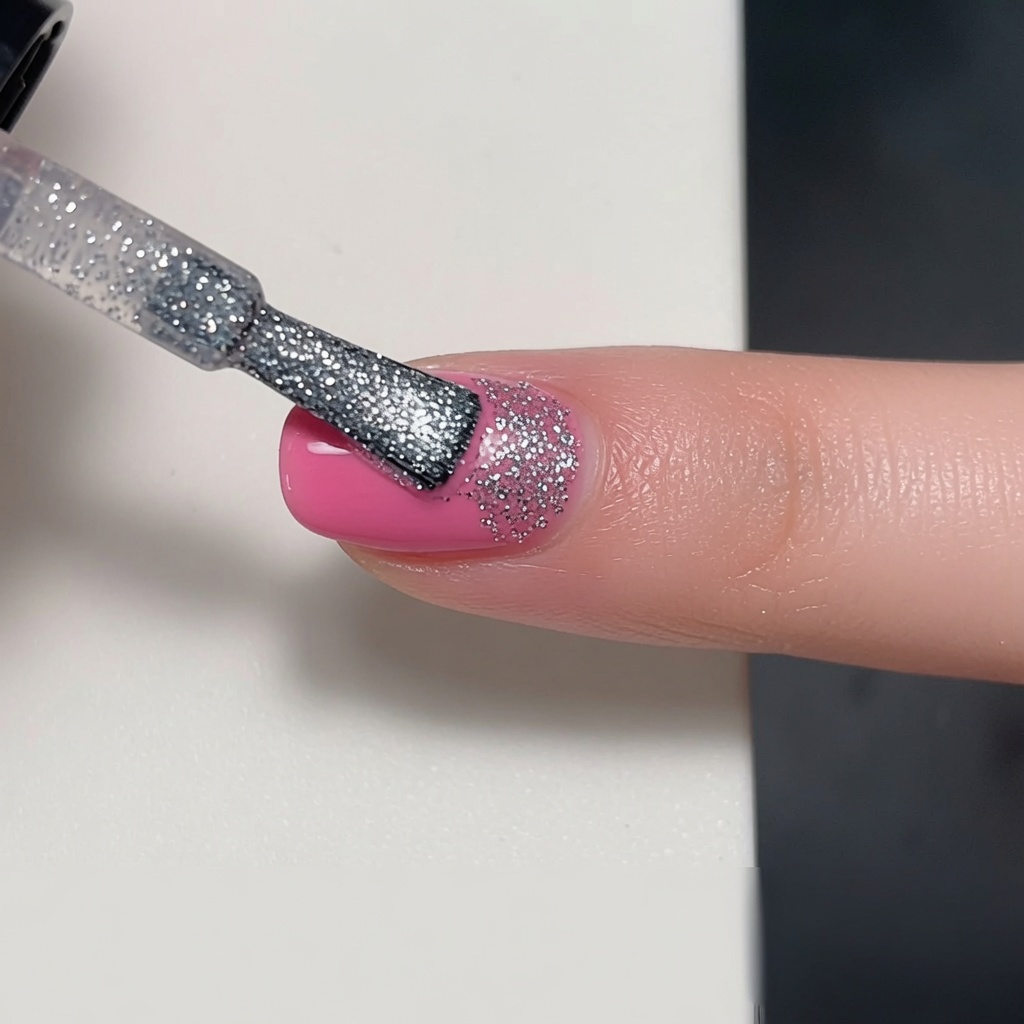 A brush applying a layer of dense silver glitter polish over a pink gel base on a fingernail.