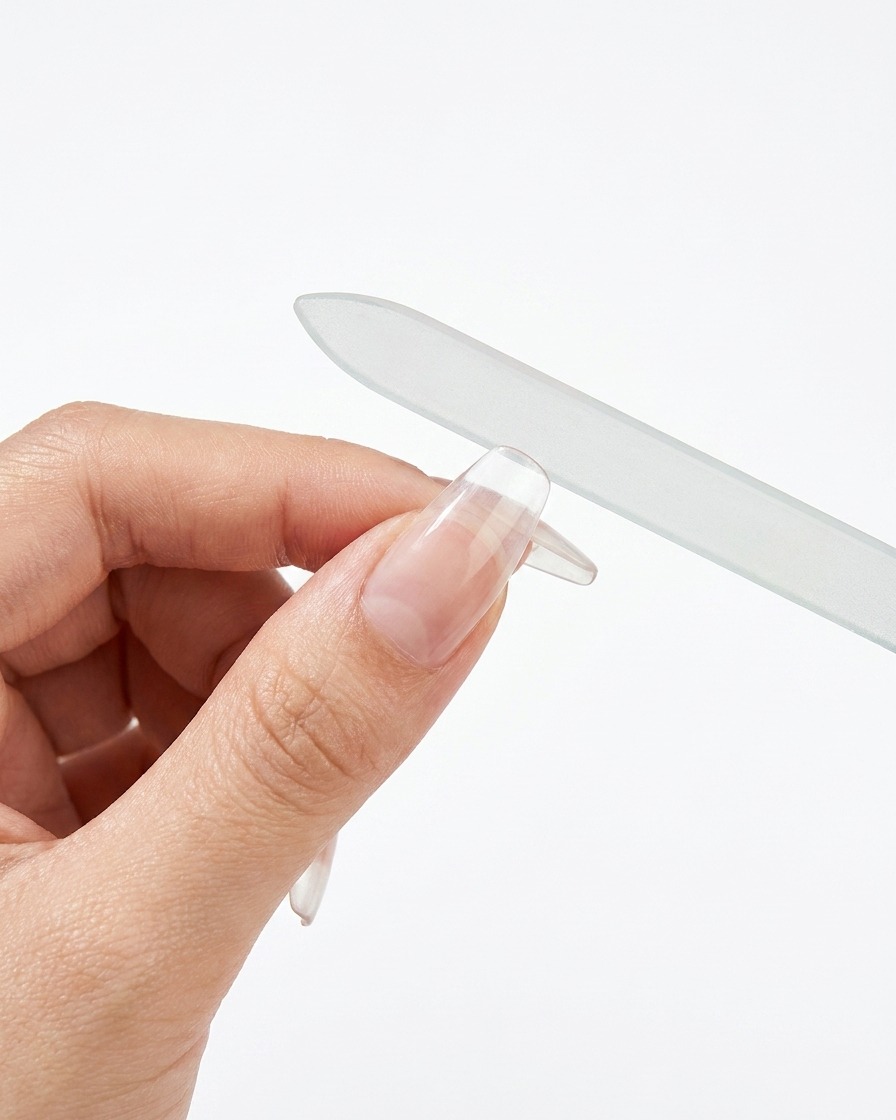 A hand using a glass nail file to smooth the edges of a clear, rounded nail tip.