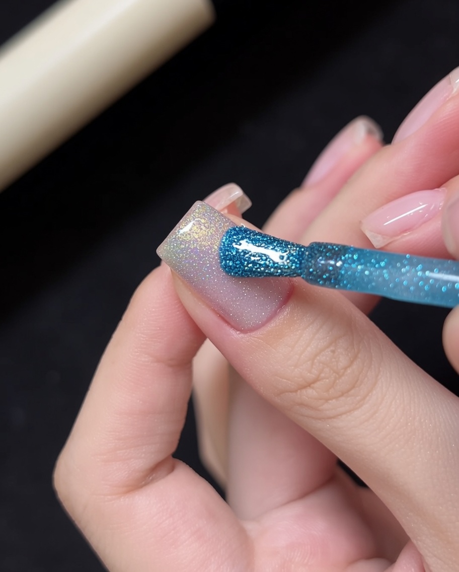 Blending the blue gel into the cat-eye base with a thin liner brush.