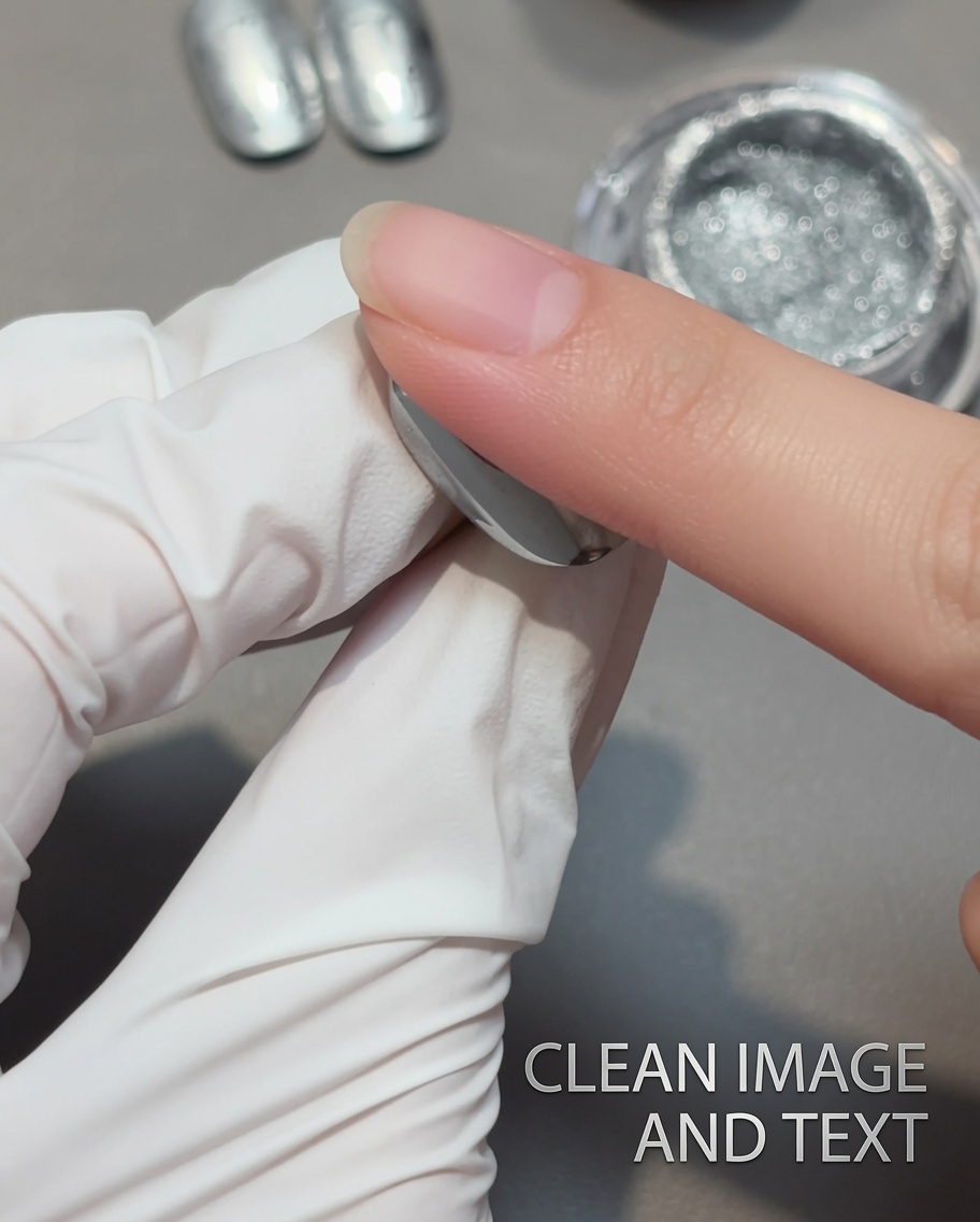 A finger rubbing silver chrome powder onto a black nail, creating a metallic finish.