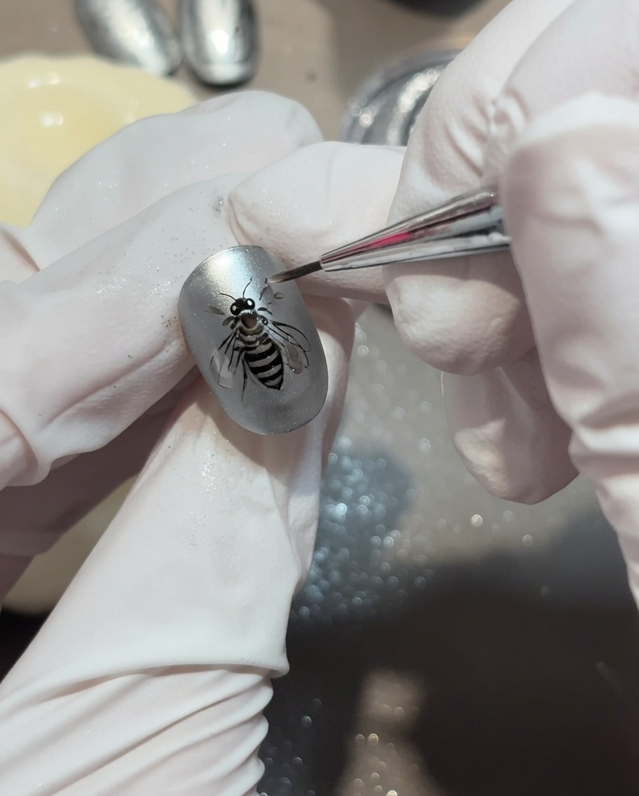 A close-up showing a liner brush adding small, finishing water droplet accents around a central water ripple design on a matte nail.
