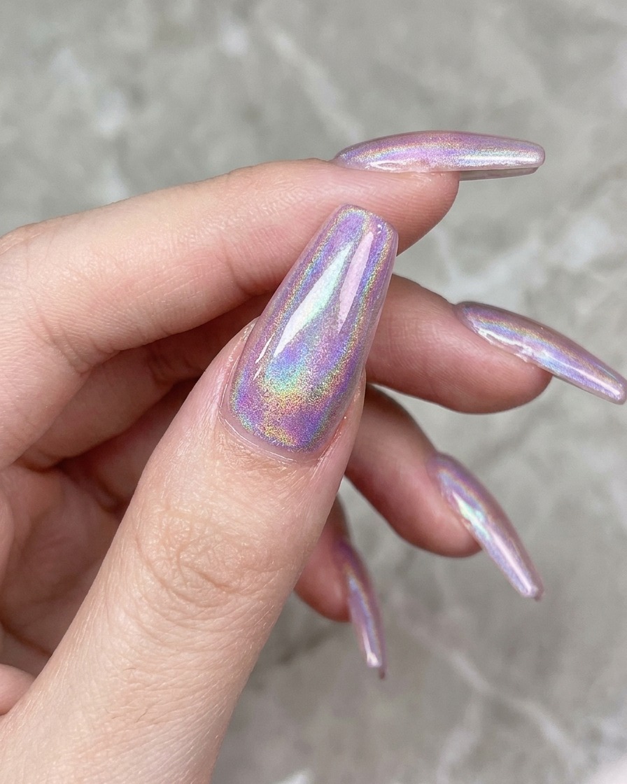A nail brush applying a clear top coat over the pink gel-painted nail.