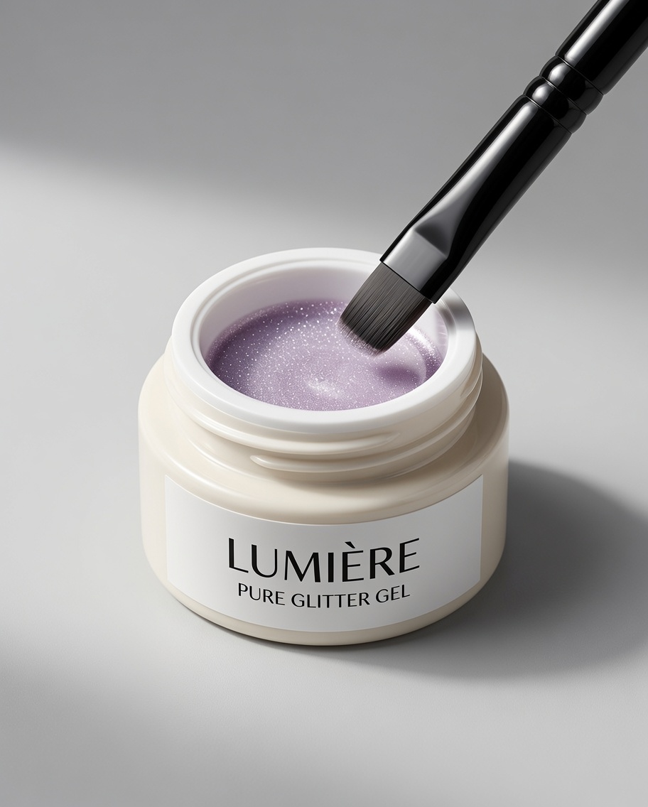 A flat gel brush being dipped into a small container filled with light purple cat eye gel.